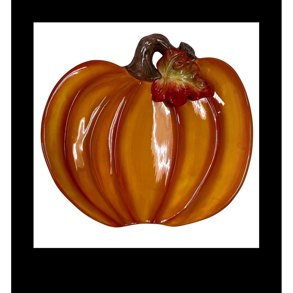 Ceramic Pumpkin Serving Platter Fall Thanksgiving Harvest Orange Glazed Tray 11"